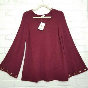 Kensie Knit Bell Sleeve Grommet Hole Tunic Sweater